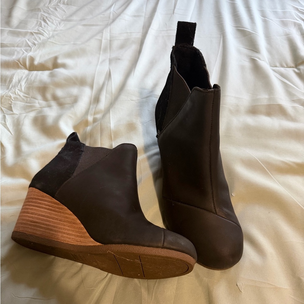 Toms Black Wedge Ankle Booties with Wood-Look Heel